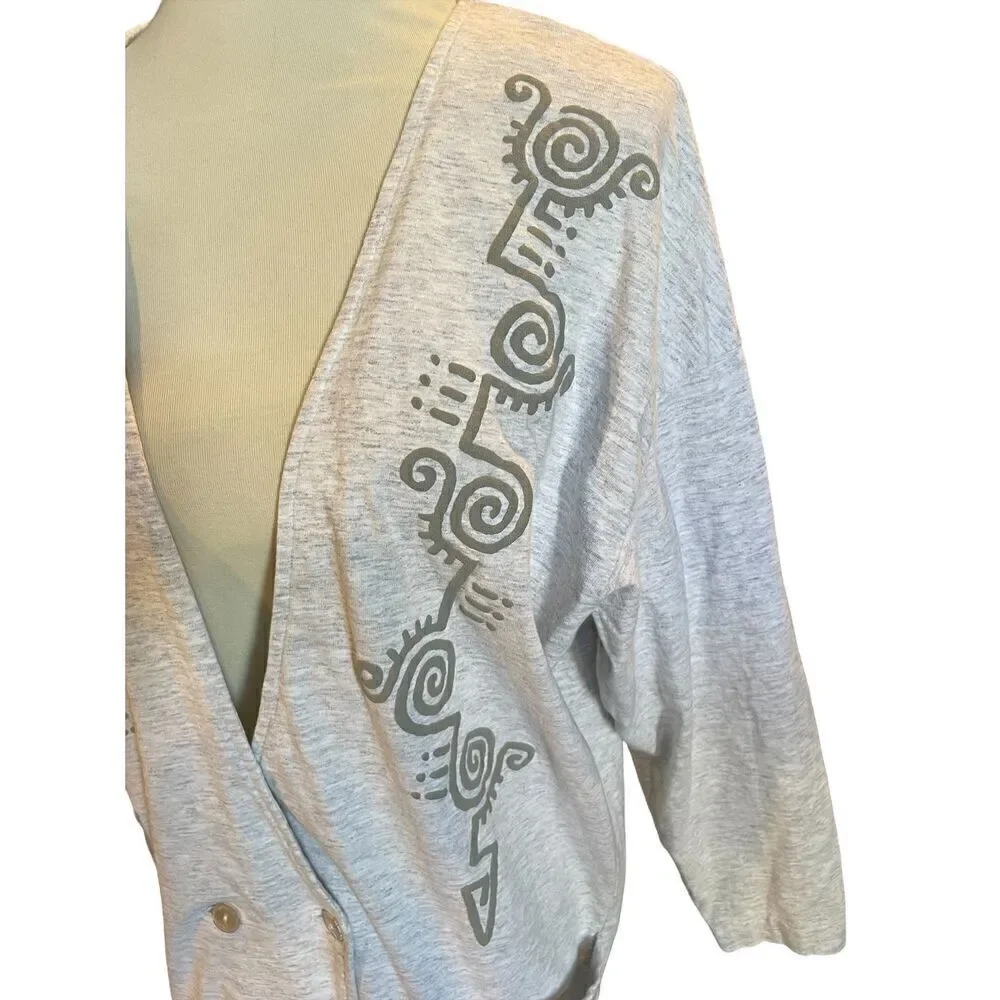 SHoK 80’s Light Gray Button Front Tribal Design Cardigan Jacket/Blazer Size XL-V